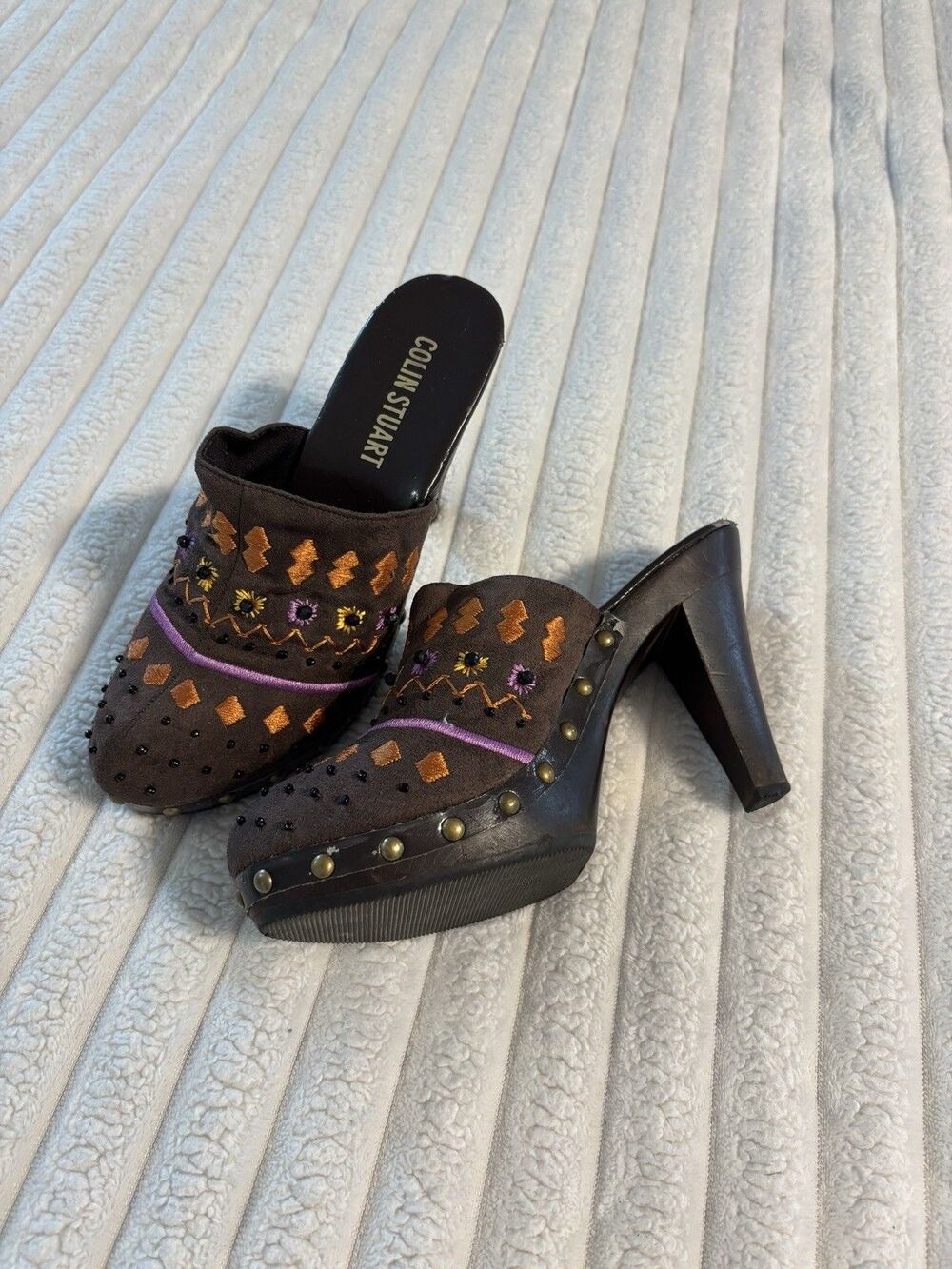 Vintage Y2K Colin Stuart Chunky Beaded Sequin Embroidered Heeled Clogs Womens 7
